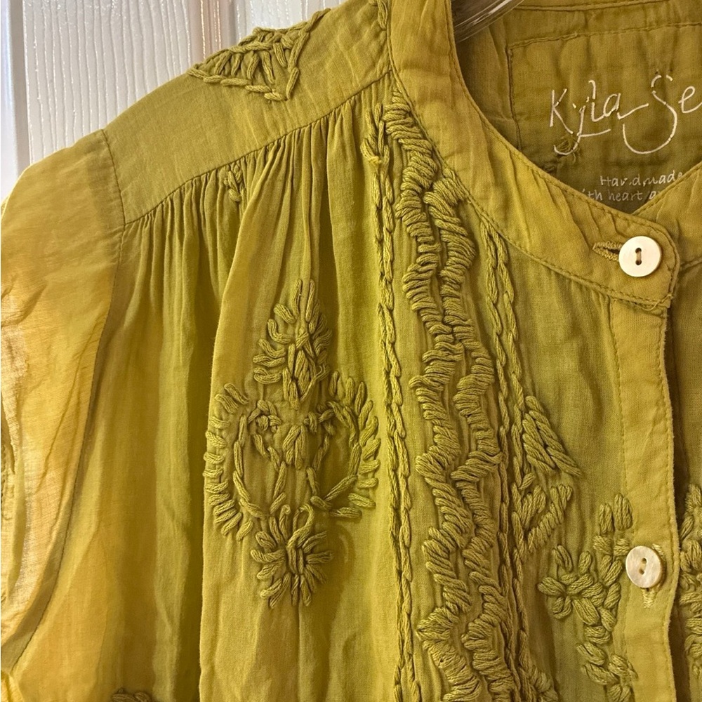 Kyla Seo Heavily Embroidered Olive Green Women's USA Handmade Top SZ S - Picture 8 of 9